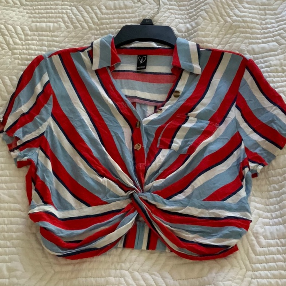 Windsor red, white, and light blue striped button up crop top